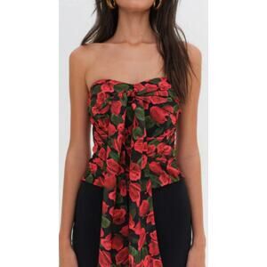 NWT For Love & Lemons Abby Strapless Top in Red Floral, Large